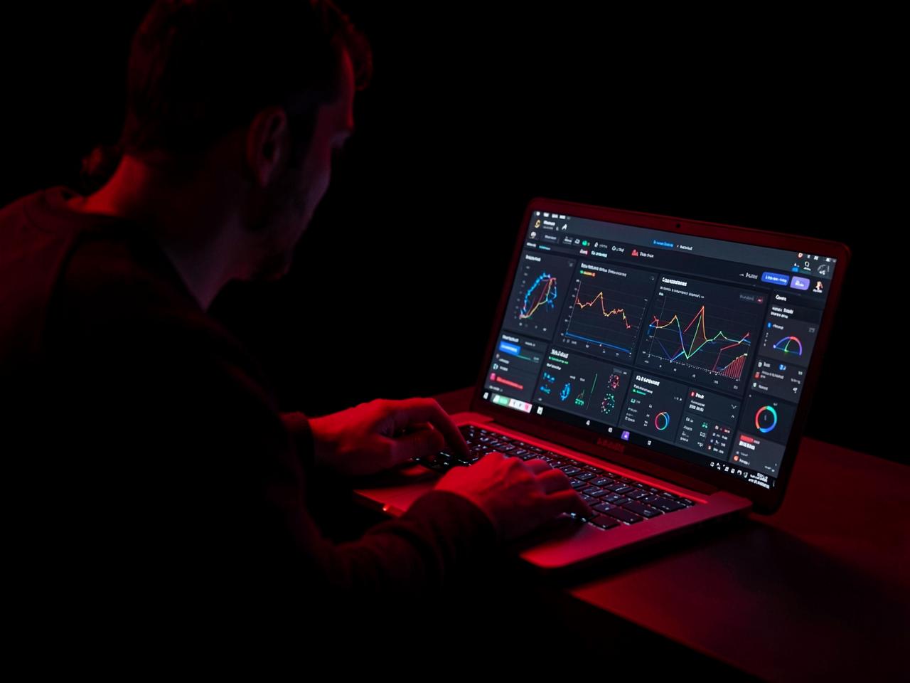 Aluno estudando inteligência artificial no notebook com luz vermelha