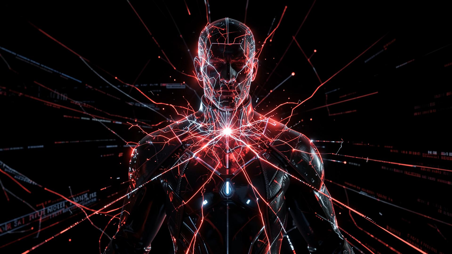 Rede neural de inteligência artificial em vermelho sobre fundo preto